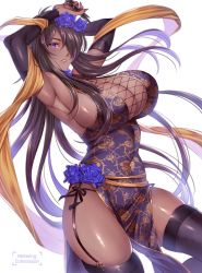 Rule 34 | 1girl, arms up, black hair, black panties, black thighhighs, blue flower, blue rose, breasts, bridal gauntlets, china dress, chinese clothes, cleavage, cleavage cutout, clothing cutout, commission, covered navel, dark-skinned female, dark skin, dress, flower, garter straps, hair over one eye, highres, huge breasts, long hair, looking at viewer, mijajure, original, panties, parted lips, purple eyes, rose, shawl, simple background, skin tight, solo, thighhighs, underwear, watermark, white background