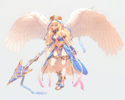 Rule 34 | 1girl, anklet, armlet, armor, bad id, bad pixiv id, bandaged arm, bandages, bare shoulders, bikini, bikini armor, blonde hair, blue bikini, blue footwear, blue skirt, bracelet, breasts, bridal gauntlets, closed mouth, commentary, crown, earrings, feathered wings, feathers, full body, gem, gold trim, green eyes, grey background, hair between eyes, highres, holding, holding polearm, holding spear, holding weapon, jewelry, kaina (tsubasakuronikuru), long hair, looking away, medium breasts, navel, neck ring, o-ring, original, polearm, sandals, see-through, showgirl skirt, sidelocks, skirt, smile, solo, spear, spread wings, standing, stomach, swimsuit, symbol-only commentary, thighlet, toenails, veil, very long hair, weapon, white feathers, white wings, wings
