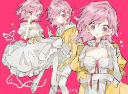 Rule 34 | !, 1girl, :o, absurdres, collar, detached collar, douluo dalu, dress, flower, frilled collar, frills, hairband, highres, jacket, long hair, long sleeves, mo seafoam, multiple views, ning rongrong (douluo dalu), one eye closed, pink hair, purple background, simple background, smile, thighhighs, white dress, white footwear, yellow jacket