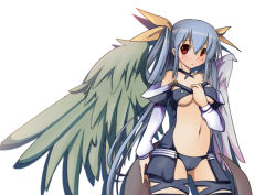 Rule 34 | 1girl, :&lt;, abab0813, arc system works, asymmetrical wings, bare shoulders, blue hair, blush, bow, breasts, choker, cleavage, dizzy (guilty gear), guilty gear, hair bow, hand on own chest, large breasts, long hair, navel, red eyes, ribbon, solo, tail, thighhighs, twintails, underboob, wings