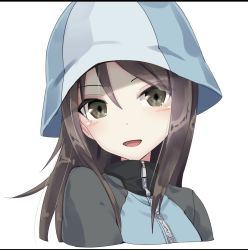 Rule 34 | 10s, 1girl, blue hat, blush, brown eyes, brown hair, girls und panzer, hat, heavens thunder (byakuya-part2), jacket, letterboxed, long hair, looking at viewer, matching hair/eyes, mika (girls und panzer), military, military uniform, portrait, smile, solo, track jacket, uniform, white background