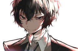 Rule 34 | 1boy, absurdres, bandaged neck, bandages, black eyes, black hair, brown jacket, bungou stray dogs, closed mouth, dazai osamu (bungou stray dogs), hair between eyes, highres, jacket, light, looking at viewer, male focus, portrait, shirt, short hair, simple background, smile, solo, white background, white shirt, ya ta