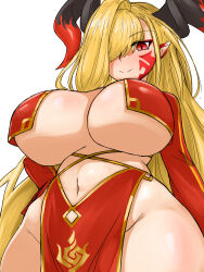 Rule 34 | 1girl, absurdres, blonde hair, breasts, fate/grand order, fate (series), hair over one eye, highres, horns, large breasts, nero claudius (fate), nero claudius (fate) (all), pelvic curtain, queen draco (fate), red eyes, revealing clothes, steamingtofu