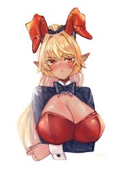 Rule 34 | 1girl, ahoge, animal ears, blonde hair, blue neckwear, blush, bow, bowtie, breast hold, breasts, cleavage, closed mouth, crossed arms, dark-skinned female, dark skin, ear blush, elf, embarrassed, fake animal ears, hair between eyes, highres, hololive, large breasts, leotard, long hair, looking at viewer, naname (7name), playboy bunny, pointy ears, ponytail, rabbit ears, red eyes, shiranui flare, shrug (clothing), simple background, sparkle, upper body, virtual youtuber, white background, wrist cuffs