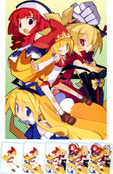 Rule 34 | 4girls, :o, arm warmers, blonde hair, blue eyes, bow, company connection, disgaea, flonne, green background, green eyes, grin, harada takehito, hat, highres, kururu (little princess), la pucelle, little princess, long hair, makai senki disgaea, makai senki disgaea 2, making-of, marl kingdom, mole, multiple girls, nippon ichi, official art, one eye closed, open mouth, polka dot, polka dot background, prier, princess kururu, purple eyes, red eyes, red hair, rozalin, short hair, smile, unfinished, yellow bow