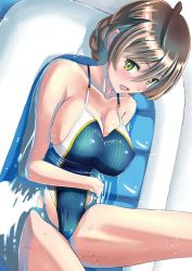 Rule 34 | 1girl, ahoge, blush, braid, breasts, competition swimsuit, green eyes, highres, idolmaster, idolmaster million live!, idolmaster million live! theater days, large breasts, light brown hair, looking at viewer, nenchi, one-piece swimsuit, open mouth, partially submerged, sakuramori kaori, smile, solo, swimsuit