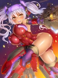 Rule 34 | 1girl, armor, ass, bare shoulders, breasts, commentary request, covered erect nipples, covered navel, dark-skinned female, dark skin, doyouwantto, dual wielding, elbow gloves, frame arms girl, from behind, gloves, glowing, gun, headgear, highres, holding, hresvelgr, hresvelgr rufus, large breasts, leotard, looking at viewer, looking back, open mouth, purple gloves, purple hair, purple thighhighs, red leotard, school swimsuit, shiny clothes, shiny skin, skin tight, solo, swimsuit, teeth, thighhighs, twintails, weapon, yellow eyes