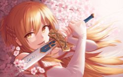 Rule 34 | 1girl, absurdres, asuna (sao), awan0918, bad id, bad pixiv id, braid, brown eyes, brown hair, cherry blossoms, commentary, crown braid, day, excalibur (fate/stay night), fate/stay night, fate (series), fighting stance, head tilt, highres, holding, holding sword, holding weapon, light smile, long hair, long legs, long sleeves, looking at viewer, open mouth, outdoors, portrait, solo, sword, sword art online, tree, weapon, wind