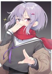 Rule 34 | 1girl, a.i. voice, black shirt, chuunibyou, covering own mouth, grey background, grey shirt, hair ornament, hairclip, half-closed eyes, hands up, highres, jacket, looking at viewer, neck ribbon, purple eyes, purple hair, purple ribbon, red scarf, ribbon, sailor collar, scarf, scarf over mouth, school uniform, shirt, solo, sparkle, upper body, voiceroid, white sailor collar, yuzuki yukari, yuzuki yukari (shizuku), zooanime