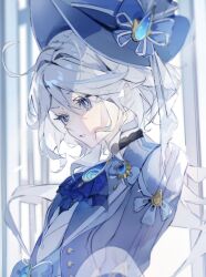 Rule 34 | 1girl, ahoge, ascot, blue ascot, blue bow, blue coat, blue eyes, blue hat, blue theme, blurry, blurry background, bow, coat, commentary, furina (genshin impact), genshin impact, hat, hat bow, highres, kagaku o, long hair, looking down, parted lips, sidelocks, solo, top hat, upper body, white hair