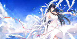Rule 34 | 10s, 1girl, allenkung1, alternate costume, bare shoulders, black hair, blue eyes, cloud, day, dress, elbow gloves, eyebrows, feathers, gloves, highres, kill la kill, kiryuuin satsuki, long hair, looking at viewer, parted lips, sky, sleeveless, sleeveless dress, solo, string, string of fate, thick eyebrows, water, white dress, white gloves