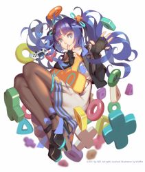 Rule 34 | ai-chan (playstation), ankle bow, ankle ribbon, arm warmers, artist name, black pantyhose, blue hair, bow, company name, controller, cropped jacket, d-pad, d-pad hair ornament, dated, dress, dualshock, elbow gloves, finger to mouth, fingerless gloves, floating, game controller, gamepad, gloves, green eyes, hair ornament, hand up, high heels, highres, leg ribbon, looking at viewer, original, pantyhose, playstation controller, purple hair, ribbon, sitting, solo, sony, strappy heels, twintails, vofan