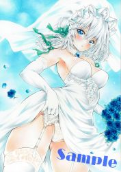 Rule 34 | 1girl, arim0k0, blue eyes, blue flower, bouquet, breasts, bridal veil, bride, closed mouth, clothes lift, detached collar, dress, dress lift, elbow gloves, flower, garter belt, garter straps, gloves, gluteal fold, grey hair, highres, holding, holding bouquet, izayoi sakuya, lifting own clothes, lingerie, looking at viewer, medium breasts, panties, sample watermark, short hair, solo, thighhighs, touhou, traditional media, underwear, veil, watermark, wedding dress, white dress, white gloves, white panties, white thighhighs