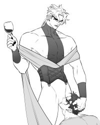 Rule 34 | 2boys, abs, alcohol, birthmark, cunnilingus, cuntboy, cuntboy with male, cup, dio brando, domination, drinking glass, earrings, grabbing another&#039;s hair, hairband, highres, holding, holding cup, huang lia, jewelry, joestar birthmark, jojo no kimyou na bouken, kuujou joutarou, long hair, looking at another, monochrome, multiple boys, muscular, muscular male, nail polish, nipples, oral, pectorals, pussy, pussy juice, revealing clothes, shirt, standing, standing cunnilingus, stardust crusaders, wine, wine glass, yaoi