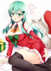 Rule 34 | 10s, 1girl, :d, aqua hair, ascot, bare shoulders, black thighhighs, blush, bow, bowtie, box, breasts, christmas, cleavage, detached collar, detached sleeves, dress, fur trim, gift, gift box, green bow, green bowtie, green eyes, hair between eyes, hair ornament, hat, unworn hat, unworn headwear, heart, kantai collection, large breasts, long hair, long sleeves, looking at viewer, open mouth, over-kneehighs, red dress, rui shi (rayze ray), sack, santa costume, santa hat, short dress, sitting, smile, solo, suzuya (kancolle), thighhighs