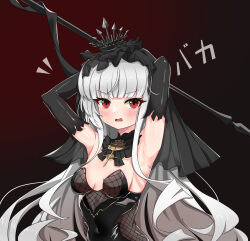 Rule 34 | 1girl, absurdres, armpits, arms behind head, arms up, azur lane, black dress, black gloves, blunt bangs, blush, breasts, covered navel, cross, detached collar, dress, elbow gloves, gloves, grey hair, hci+, highres, long hair, open mouth, queen elizabeth (azur lane), queen elizabeth (meta) (azur lane), red eyes, simple background, small breasts, solo, upper body, veil, very long hair