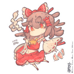 Rule 34 | artist name, ascot, bow, brown hair, chibi, commentary, dated, detached sleeves, english commentary, gohei, hair bow, hair tubes, hakurei reimu, holding, jrpencil, medium hair, navel, nontraditional miko, orange eyes, red bow, red skirt, skirt, smile, talisman, touhou, yellow ascot