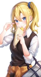 Rule 34 | 1girl, bag, bead necklace, beads, blonde hair, blouse, blue eyes, blue nails, blush, brown vest, cardigan, cardigan around waist, closed mouth, clothes around waist, collared shirt, commentary request, crepe, eating, food, food on face, hair between eyes, hands up, hayasaka ai, highres, holding, holding food, jewelry, kaguya-sama wa kokurasetai ~tensai-tachi no renai zunousen~, long hair, looking at viewer, nail polish, necklace, ponytail, school bag, school uniform, shiero., shirt, shuuchiin academy school uniform, side ponytail, sidelocks, simple background, solo, upper body, vest, white background, white shirt