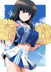 Rule 34 | 1girl, alternate costume, black eyes, black hair, blue shirt, blue skirt, blue sky, blunt bangs, breasts, cheerleader, closed mouth, cloud, cloudy sky, commentary request, covered erect nipples, cowboy shot, day, girls und panzer, half-closed eyes, highres, holding, holding pom poms, kamishima kanon, large breasts, lawson, long hair, looking at viewer, mature female, microskirt, midriff, navel, nishizumi shiho, outdoors, pleated skirt, pom pom (cheerleading), pom poms, sailor collar, shirt, skirt, sky, sleeveless, sleeveless shirt, smile, solo, standing, straight hair, two-tone skirt, white sailor collar, white skirt