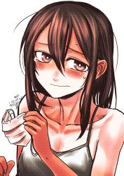 Rule 34 | 1girl, blush, bright pupils, brown eyes, brown hair, camisole, closed mouth, dated, hair between eyes, hand up, kotoba noriaki, looking at viewer, mask, mouth mask, original, signature, simple background, solo, surgical mask, tears, white background, white pupils