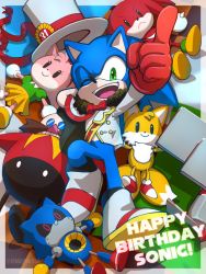 Rule 34 | 1boy, ;d, amy rose, boots, character doll, dr. eggman, furry, furry male, gloves, green eyes, happy birthday, hat, knuckles the echidna, looking at viewer, lying, male focus, metal sonic, on back, one eye closed, open mouth, red gloves, smile, sonic (series), sonic the hedgehog, tails (sonic), tomalpha1109, top hat
