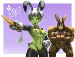 Rule 34 | 1boy, 1girl, alien, animal costume, animal ears, artist request, black hair, black panties, blue eyes, border, breasts, broly (dragon ball super), cameltoe, carrot, cheelai, cleft of venus, colored skin, cowboy shot, curvy, dragon ball, dragon ball super, dragon ball super broly, elite nappa, fake animal ears, fake tail, gloves, gradient background, green skin, hand on own hip, happy easter, heart pasties, highleg, highleg panties, highres, leotard, looking at another, looking to the side, medium breasts, meme attire, muscular, muscular male, navel, necktie, no humans, panties, parted lips, pasties, pectorals, pixie cut, playboy bunny, purple background, rabbit costume, rabbit ears, rabbit tail, revealing clothes, reverse bunnysuit, reverse outfit, short necktie, shrug (clothing), simple background, skindentation, standing, tail, thong, underwear, upper body, what, white border, white gloves, white hair, wicker basket