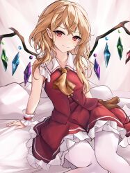 Rule 34 | 1girl, absurdres, adapted costume, alternate hair length, alternate hairstyle, arm support, ascot, bad anatomy, bad leg, bare shoulders, crystal, flandre scarlet, highres, long hair, looking at viewer, messy hair, no headwear, orchid (orukido), pantyhose, smile, touhou, white pantyhose, wings, yellow ascot