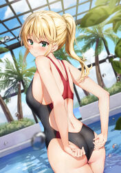 Rule 34 | 1girl, 3:, absurdres, ass, back, back cutout, bare arms, bare shoulders, black one-piece swimsuit, blonde hair, breasts, bubble, closed mouth, clothing cutout, competition swimsuit, cowboy shot, day, dutch angle, from behind, green eyes, hands on own ass, highleg, highleg swimsuit, highres, indoors, kuria (clear trip second), long hair, looking at viewer, looking back, medium breasts, novel illustration, official art, omiai shitakunakatta no de murinandai na jouken o tsuketara doukyuusei ga kita ken ni tsuite, one-piece swimsuit, ponytail, pool, second-party source, sideboob, solo, standing, swimsuit, textless version, two-tone swimsuit, wading, wet, yukishiro arisa