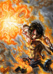 Rule 34 | 1boy, abs, absurdres, battle, black hair, blood, elbow pads, fire, green eyes, highres, jewelry, male focus, necklace, one piece, portgas d. ace, topless male, short hair, signature, smile, smoke, solo, takumi (marlboro), tattoo, toned, wiping mouth