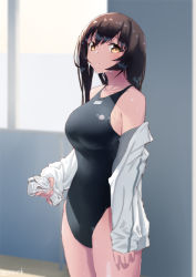 Rule 34 | 1girl, bare shoulders, black hair, black one-piece swimsuit, blush, breasts, brown eyes, closed mouth, collared shirt, dress shirt, highleg, highleg swimsuit, jonsun, large breasts, long hair, long sleeves, looking at viewer, off shoulder, one-piece swimsuit, open clothes, open shirt, original, shirt, solo, swimsuit, thighs, white shirt