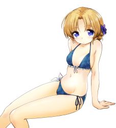 Rule 34 | 10s, 1girl, arm support, bikini, blue bikini, blue bow, blue eyes, bow, bow bikini, braid, breasts, closed mouth, frilled bikini, frills, girls und panzer, hair bow, highres, leaning back, looking at viewer, moro (like the gale!), navel, orange hair, orange pekoe (girls und panzer), short hair, side-tie bikini bottom, simple background, sitting, small breasts, solo, swimsuit, twin braids, white background