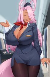 1girl absurdres aircraft airplane animal_ears bamboowacker black_pantyhose breasts cleavage closed_eyes cowboy_shot curvy dark-skinned_female dark_skin fang flight_attendant fox_ears fox_girl fox_tail hair_over_eyes highres huge_breasts long_hair name_tag neck_ribbon open_mouth original pantyhose pink_hair ribbon smile solo tail travel_attendant very_long_hair