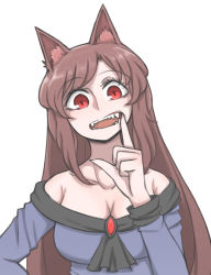 Rule 34 | 1girl, animal ears, breasts, brooch, brown hair, cleavage, commentary, dress, english commentary, fangs, highres, imaizumi kagerou, jewelry, large breasts, long hair, looking at viewer, mata (matasoup), monster girl, mouth pull, off-shoulder dress, off shoulder, purple dress, red eyes, solo, touhou, werewolf, wolf ears