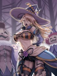 Rule 34 | 10s, 1girl, arms behind back, backlighting, bandeau, bare shoulders, beatrix (granblue fantasy), black ribbon, black thighhighs, breasts, brown eyes, brown hair, chestnut mouth, cleavage, cowboy shot, detached sleeves, granblue fantasy, halloween costume, hat, jack-o&#039;-lantern, jonylaser, large breasts, long hair, looking at viewer, midriff, navel, open mouth, ribbon, skirt, strapless, thighhighs, tube top, underboob, witch hat