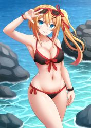 Rule 34 | 1girl, :q, arm up, armpits, bangle, bikini, blonde hair, blue eyes, blush, bracelet, breasts, cleavage, collarbone, day, eyewear on head, girls&#039; frontline, groin, hair between eyes, hair ornament, hair ribbon, hairclip, head tilt, highres, jewelry, kalina (girls&#039; frontline), kazenokaze, large breasts, long hair, looking at viewer, navel, ocean, outdoors, red ribbon, ribbon, rock, shiny skin, side ponytail, sidelocks, skindentation, smile, solo, stomach, sunglasses, swimsuit, thighs, tongue, tongue out, w, wristband, x hair ornament