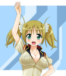 Rule 34 | 1girl, blonde hair, blush, breasts, cleavage, gundam, gundam card builder, large breasts, looking at viewer, mukaibi aoi, open mouth, reiko holinger, short hair, short twintails, simple background, solo, twintails, uniform