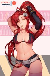 Rule 34 | 1girl, belt, bikini, bikini top only, black gloves, breasts, commentary, elbow gloves, gloves, hair ornament, highres, in mouth, large breasts, long hair, mystra77, navel, open clothes, open shorts, patreon logo, ponytail, red hair, shorts, single elbow glove, solo, swimsuit, teeth, tengen toppa gurren lagann, thighhighs, white thighhighs, yellow eyes, yoko littner
