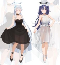 Rule 34 | 2girls, absurdres, alternate costume, ankle strap, armpits, bare shoulders, black choker, black dress, blue archive, blush, breasts, choker, cleavage, dress, full body, grey hair, halo, highres, looking at viewer, medium breasts, mm (mhm2592), multiple girls, noa (blue archive), purple hair, see-through silhouette, sleeveless, sleeveless dress, smile, straight hair, strapless, strapless dress, two side up, white dress, yuuka (blue archive), zoom layer