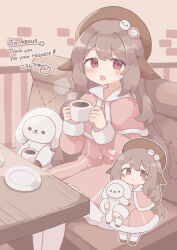 Rule 34 | 1girl, absurdres, animal ears, blush, brown hair, capelet, coffee, colon br, couch, cup, dress, english text, fur trim, hat, highres, holding, holding cup, long hair, looking at viewer, mug, open mouth, original, pantyhose, pink dress, red eyes, sitting, stuffed animal, stuffed toy, table