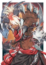 Rule 34 | 1boy, arm up, armpits, au ra, black horns, blonde hair, bracelet, claws, crop top, cropped vest, dark-skinned male, dark skin, dragon, dragon boy, dragon horns, dragon tail, evil smile, fake claws, fictional persona, final fantasy, final fantasy xiv, green eyes, hair over one eye, heterochromia, highres, horns, jewelry, kionaoki, looking at viewer, male focus, medium hair, midriff, multicolored hair, navel, open mouth, reaching, reaching towards viewer, red eyes, red hair, scales, sharp teeth, signature, skirt, slit pupils, smile, stomach, tail, teeth, toned, toned male, two-tone hair, v-shaped eyebrows, vest, warrior of light (ff14)