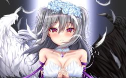 Rule 34 | 1girl, angel wings, asymmetrical wings, bare shoulders, black wings, blue flower, blue rose, blush, breasts, collarbone, commentary request, eyelashes, feathered wings, flower, grey hair, hachi7515, hair between eyes, hair flower, hair ornament, highres, idolmaster, idolmaster cinderella girls, kanzaki ranko, large breasts, long hair, multicolored wings, own hands clasped, own hands together, red eyes, rose, solo, white wings, wings
