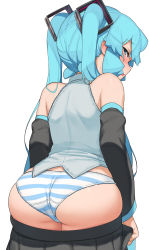 Rule 34 | 1girl, abmayo, absurdres, ass, black skirt, blue eyes, blue hair, clothes pull, detached sleeves, from behind, grey shirt, hatsune miku, headset, highres, long hair, panties, pleated skirt, shirt, skirt, skirt pull, sleeveless, sleeveless shirt, solo, striped clothes, striped panties, twintails, underwear, very long hair, vocaloid
