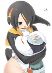 Rule 34 | 2girls, belt, between breasts, bird tail, black belt, black hair, black jacket, breasts, captain (kemono friends), commentary request, cowboy shot, emperor penguin (kemono friends), face between breasts, gloves, green shirt, grey hat, hair between eyes, hair over one eye, hat, hat feather, head between breasts, headphones, height difference, helmet, highres, hug, huge breasts, jacket, kemono friends, kemono friends 3, lets0020, long bangs, looking at another, multicolored hair, multiple girls, numbered, one-piece swimsuit, open mouth, orange hair, pith helmet, shirt, short hair, simple background, smile, streaked hair, swimsuit, tail, white background, white gloves, white one-piece swimsuit