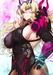 Rule 34 | 1girl, black dress, blonde hair, blue eyes, breasts, chain, covered navel, dated, dress, earrings, barghest (fate), barghest (second ascension) (fate), fate/grand order, fate (series), gauntlets, heterochromia, highres, jewelry, large breasts, long hair, red eyes, sakurai haruto, signature, sleeveless, sleeveless dress, smile