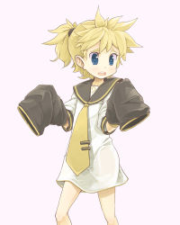Rule 34 | 1boy, ahoge, blonde hair, blue eyes, blush, bottomless, detached sleeves, kagamine len, male focus, moketa, necktie, open mouth, oversized clothes, ponytail, shirt, short hair, sleeves past wrists, solo, vocaloid