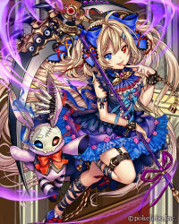 Rule 34 | 1girl, blonde hair, blue eyes, chain, company name, cuffs, eikou no guardian battle, heterochromia, highres, lock, long hair, looking at viewer, madogawa, official art, padlock, red eyes, scythe, smile, solo, stuffed animal, stuffed rabbit, stuffed toy, tongue, tongue out, very long hair