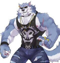 Rule 34 | 1boy, animal ears, bara, black tank top, claws, collar, commentary, cross, cross necklace, dislyte, earrings, english commentary, fangs, furry, furry male, gold ring, highres, jewelry, looking at viewer, male focus, meocondainhan, multiple rings, multiple scars, necklace, pants, pawpads, ring, scar, scar across eye, scar on arm, scar on face, smile, sunglasses, tank top, torn clothes, torn pants, white background, wolf boy, wolf ears
