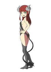Rule 34 | 1girl, :d, absurdres, ass, backless outfit, bare arms, bare shoulders, black leotard, black thighhighs, blunt bangs, blush, breasts, broken horn, brown hair, curled horns, demon girl, demon horns, demon tail, full body, green eyes, hand on own hip, highres, horns, leotard, long hair, looking at viewer, looking to the side, no shoes, open mouth, original, simple background, small breasts, smile, solo, standing, surio, tail, teeth, thighhighs, upper teeth only, white background
