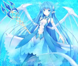 Rule 34 | 1girl, bad id, bad pixiv id, blue eyes, blue hair, breasts, cleavage, detached sleeves, dragon wings, dress, head wings, kuon itsuki, leviathan (zettai bouei leviathan), long hair, matching hair/eyes, medium breasts, pointy ears, polearm, solo, spear, weapon, wings, zettai bouei leviathan