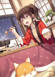 Rule 34 | 1girl, :d, animal, blush, bottle, bowl, brown hair, chopsticks, collared shirt, dog, dutch angle, fang, food, hair ornament, hairclip, highres, holding, holding chopsticks, hotpot, icicle, indoors, japanese clothes, kimono, kotatsu, long hair, long sleeves, nabe, open mouth, original, pine (angel4195202), ponytail, red eyes, red kimono, rice, rice bowl, shirt, side ponytail, sitting, sliding doors, smile, snow, sweater, table, wall, white shirt, window, winter